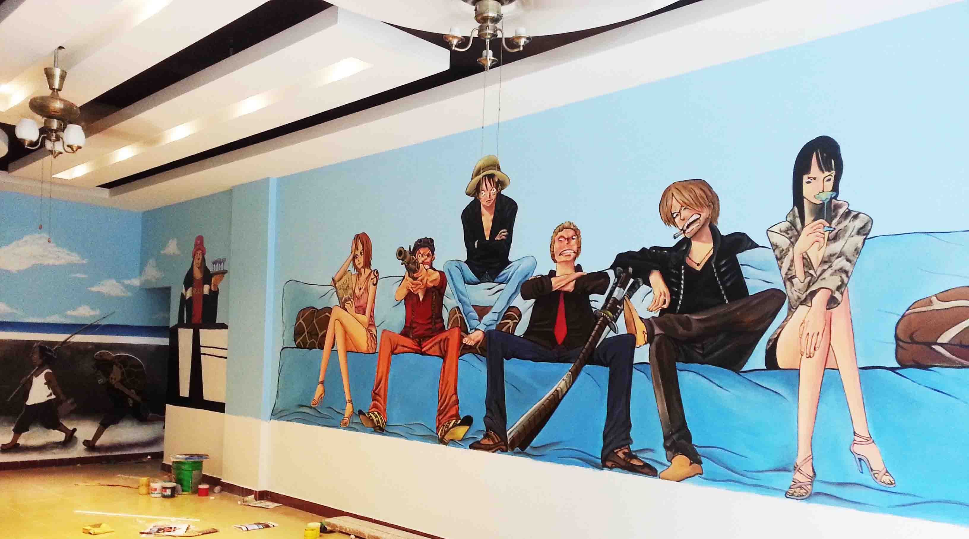 海贼王主题饮品店墙上彩绘