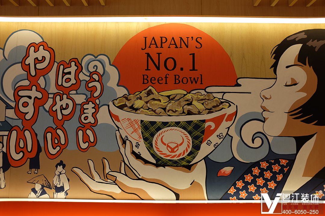 日本寿司店浮世绘墙绘装饰风格