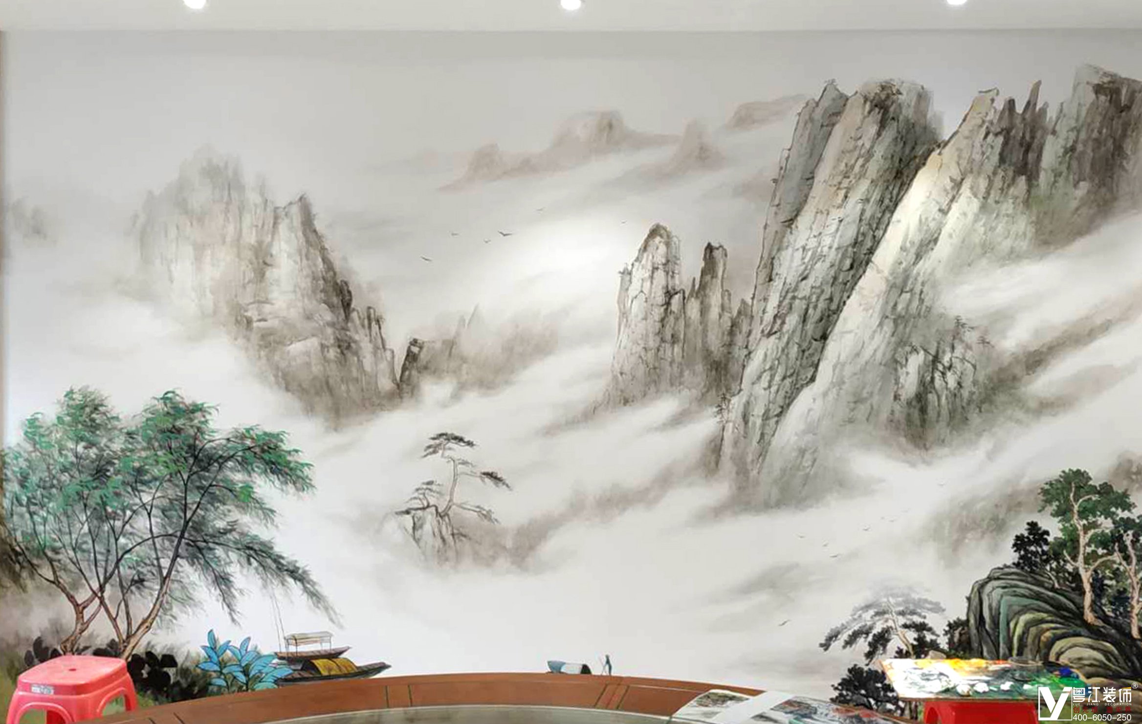 政府会客厅国画写意山水主题墙绘